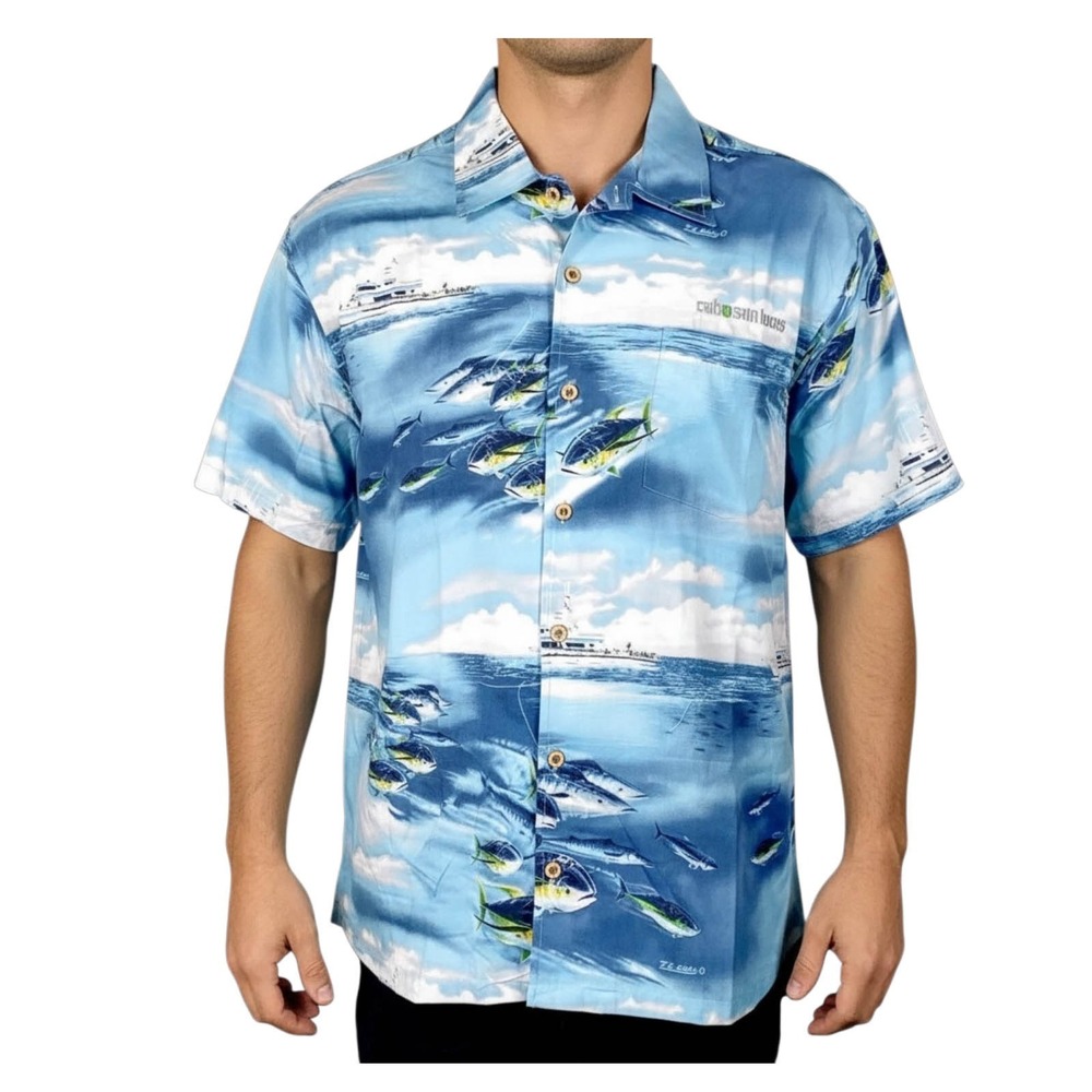 Cabostyle Hawaiian Shirt L Blue Fish Boat Aloha Fishing Tropical Men
